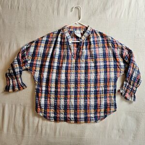 Finley Plaid V Neck Smocked Sleeve Blouse Made in USA Women S Preppy Easy